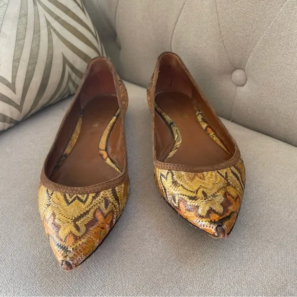 💯 MISSONI Yellow and Brown Flats with Signature Pattern Size 38