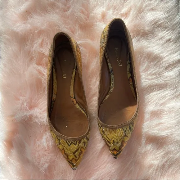 💯 MISSONI Yellow and Brown Flats with Signature Pattern Size 38