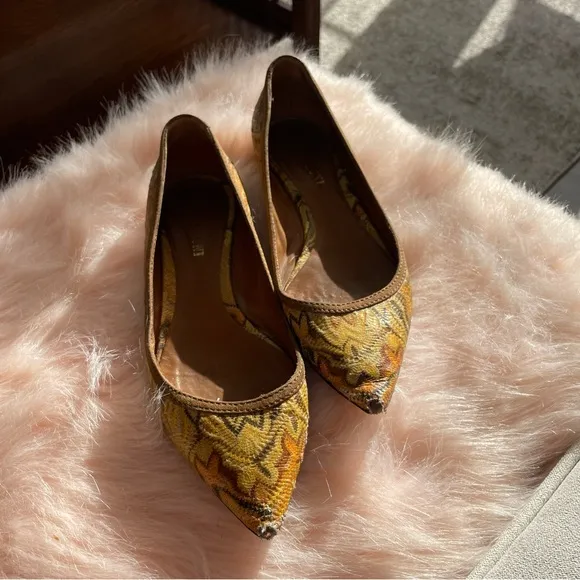 💯 MISSONI Yellow and Brown Flats with Signature Pattern Size 38