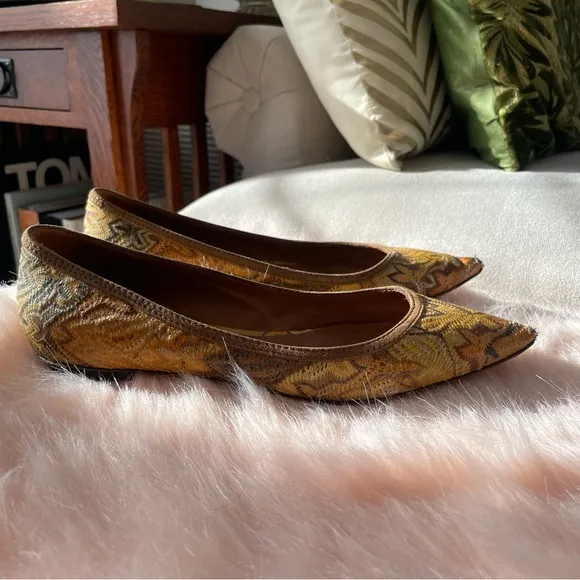 💯 MISSONI Yellow and Brown Flats with Signature Pattern Size 38