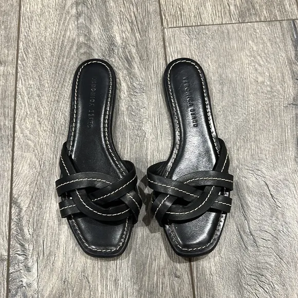 • Veronica Beard • Maili Flat Leather Slide Sandals Black 37.5 Women’s Summer