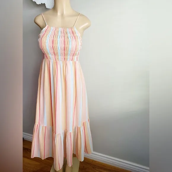$155‼️Z Supply Gauze Rainbow Maxi Midi Cotton Dress Jazmin Tiered Skirt Shirred