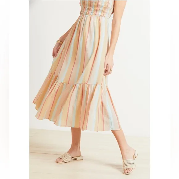 $155‼️Z Supply Gauze Rainbow Maxi Midi Cotton Dress Jazmin Tiered Skirt Shirred