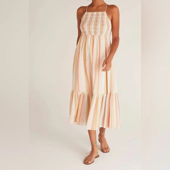$155‼️Z Supply Gauze Rainbow Maxi Midi Cotton Dress Jazmin Tiered Skirt Shirred