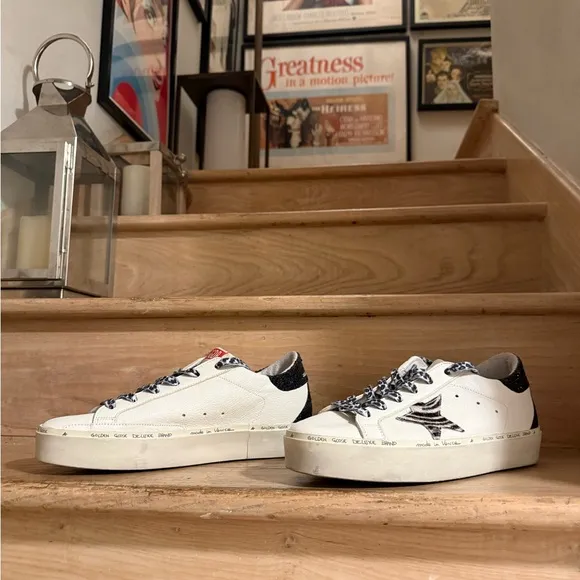 60% ⬇️ MSRP New Golden Goose Hi-Stars, White/Zebra Print/Sequins - Men’s 9.5US *