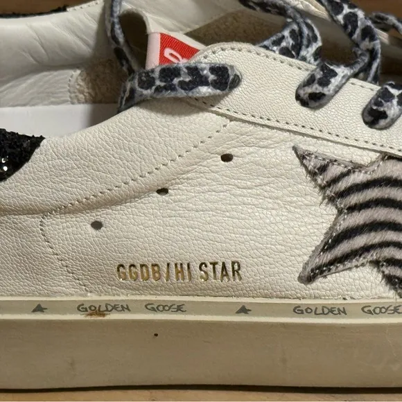 60% ⬇️ MSRP New Golden Goose Hi-Stars, White/Zebra Print/Sequins - Men’s 9.5US *