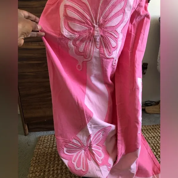 Adorable pink butterfly corduroy wide leg pants