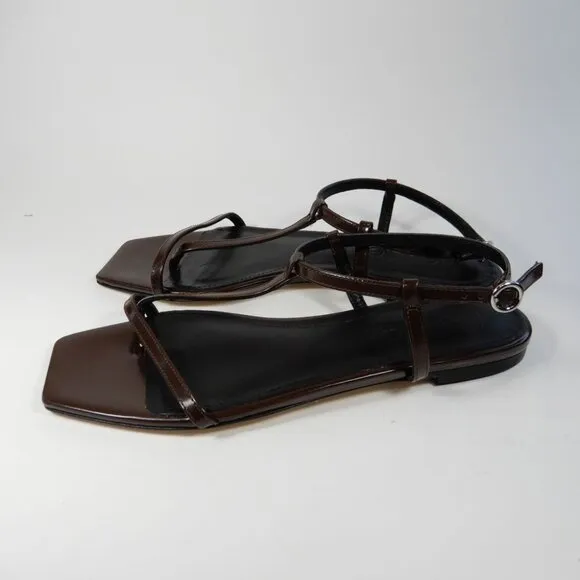 Aeyde Artis Ankle Strap Flat Sandals Size 8.5 Moka Brown Patent Leather NEW $325