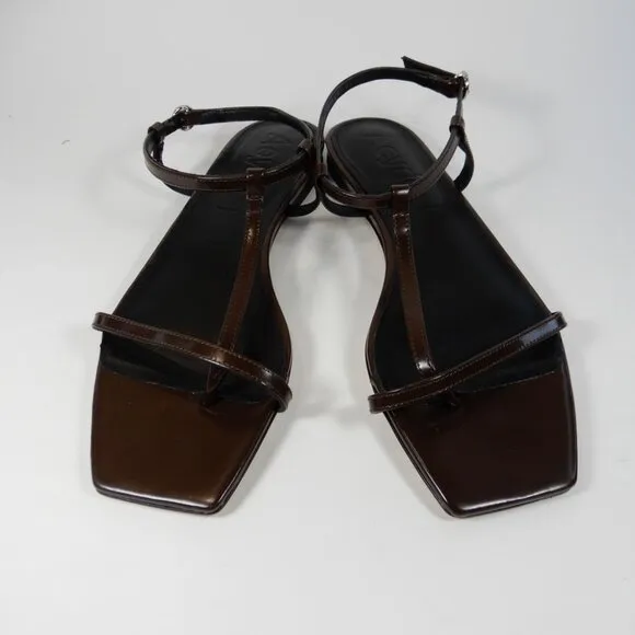 Aeyde Artis Ankle Strap Flat Sandals Size 8.5 Moka Brown Patent Leather NEW $325