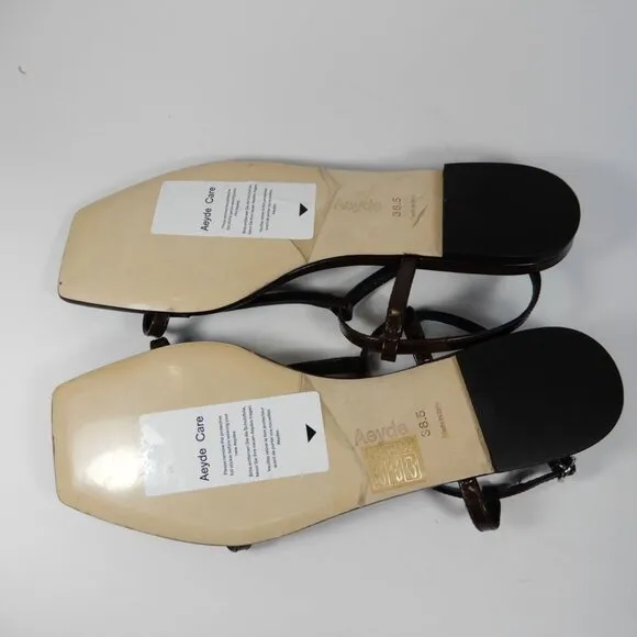 Aeyde Artis Ankle Strap Flat Sandals Size 8.5 Moka Brown Patent Leather NEW $325