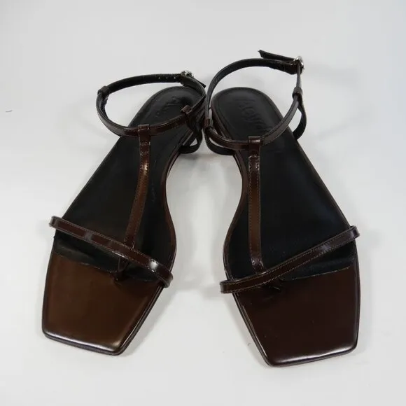 Aeyde Artis Ankle Strap Flat Sandals Size 8.5 Moka Brown Patent Leather NEW $325