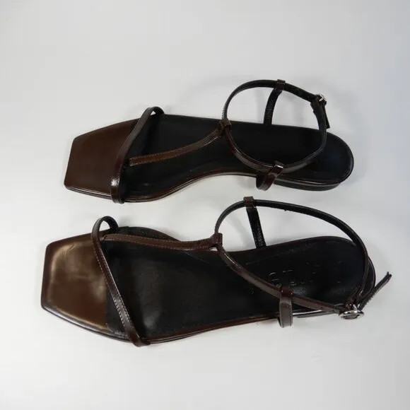 Aeyde Artis Ankle Strap Flat Sandals Size 8.5 Moka Brown Patent Leather NEW $325
