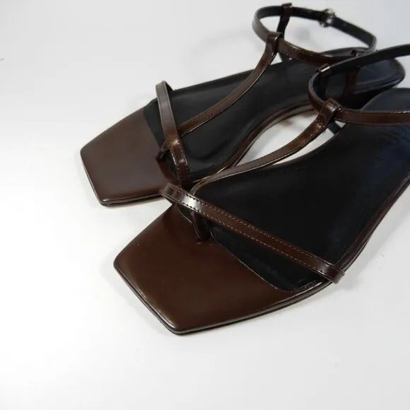 Aeyde Artis Ankle Strap Flat Sandals Size 8.5 Moka Brown Patent Leather NEW $325