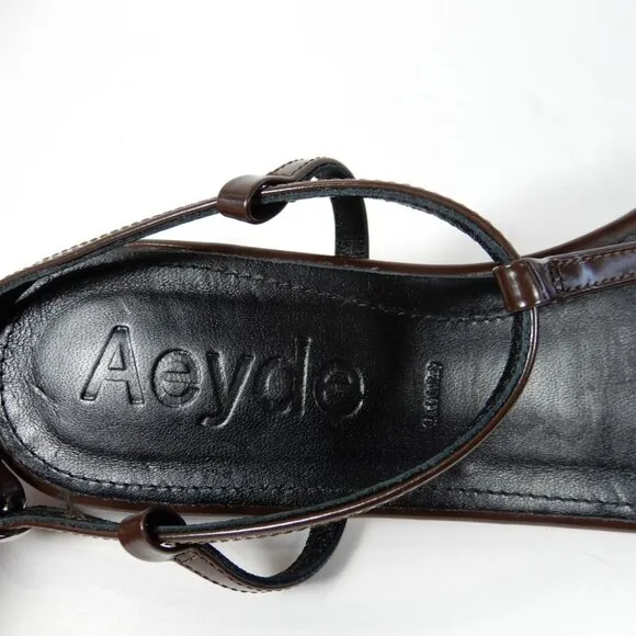 Aeyde Artis Ankle Strap Flat Sandals Size 8.5 Moka Brown Patent Leather NEW $325