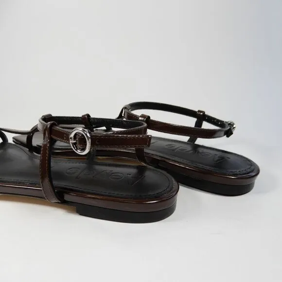 Aeyde Artis Ankle Strap Flat Sandals Size 8.5 Moka Brown Patent Leather NEW $325
