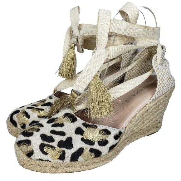 Air &amp; Grace Cowhide Espadrilles Wedges Shoes EU 39 US 8 ANimal Print Lace Up