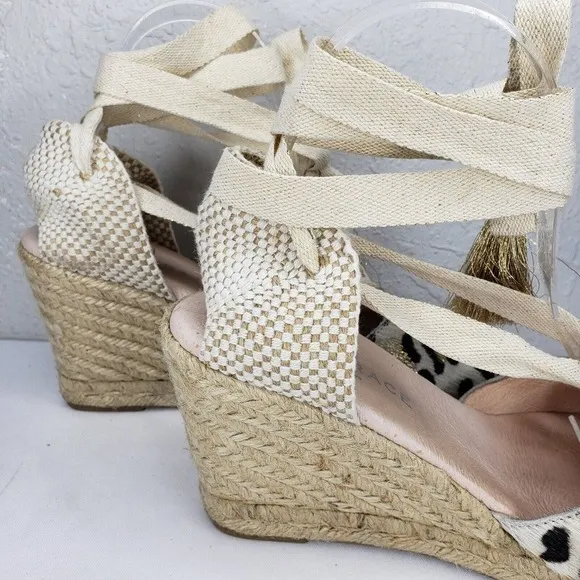 Air &amp; Grace Cowhide Espadrilles Wedges Shoes EU 39 US 8 ANimal Print Lace Up