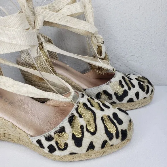 Air &amp; Grace Cowhide Espadrilles Wedges Shoes EU 39 US 8 ANimal Print Lace Up