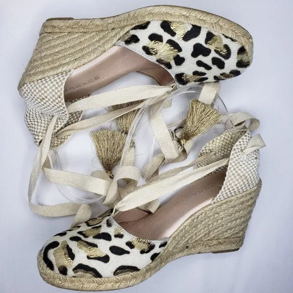 Air &amp; Grace Cowhide Espadrilles Wedges Shoes EU 39 US 8 ANimal Print Lace Up