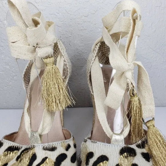 Air &amp; Grace Cowhide Espadrilles Wedges Shoes EU 39 US 8 ANimal Print Lace Up