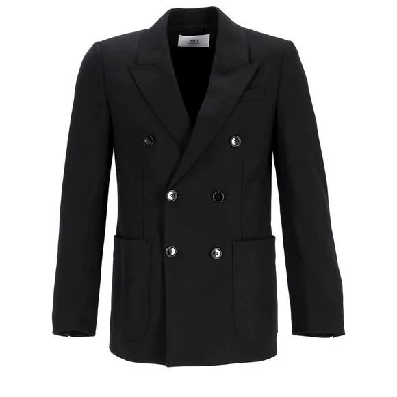 Ami Double-Breasted Blazer with Pockets in Black Wool