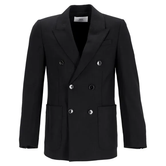 Ami Double-Breasted Blazer with Pockets in Black Wool