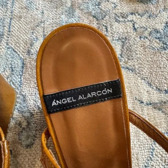 Angel Alarcon Strappy Sandals Womens Size 38 Brown Patent Leather Square Toe