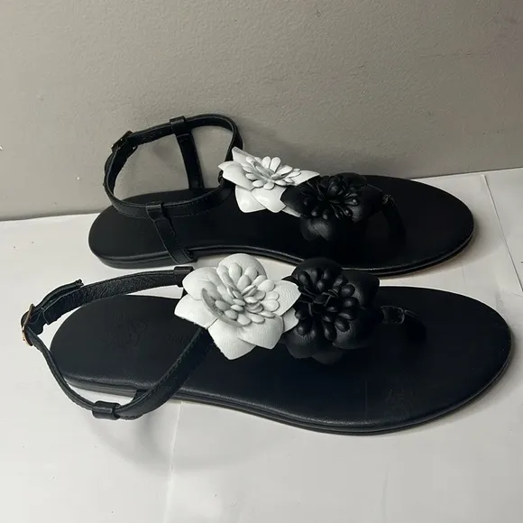 Anne Fontaine Sz 37 Black Leather Flat Thong Sandals - New Unworn