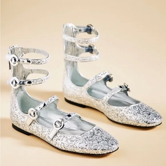 Anthropologie Larroude Alexa Flats 4 Buckle Ballet Silver Glitter