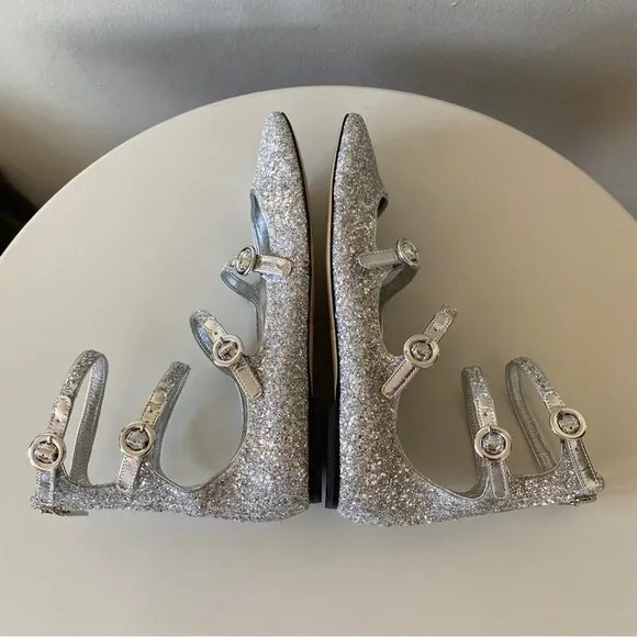 Anthropologie Larroude Alexa Flats 4 Buckle Ballet Silver Glitter