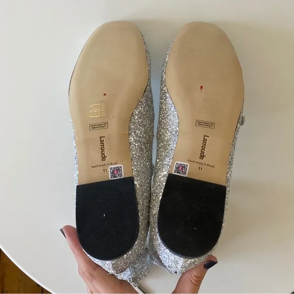 Anthropologie Larroude Alexa Flats 4 Buckle Ballet Silver Glitter
