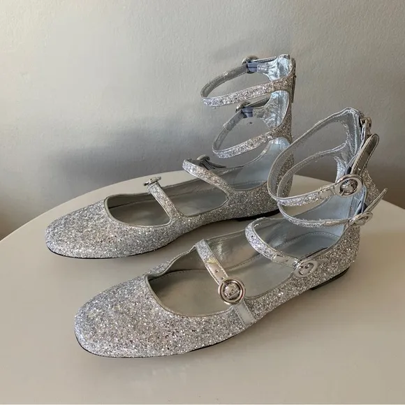 Anthropologie Larroude Alexa Flats 4 Buckle Ballet Silver Glitter