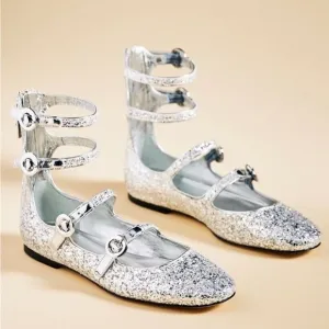 Anthropologie Larroude Alexa Flats 4 Buckle Ballet Silver Glitter