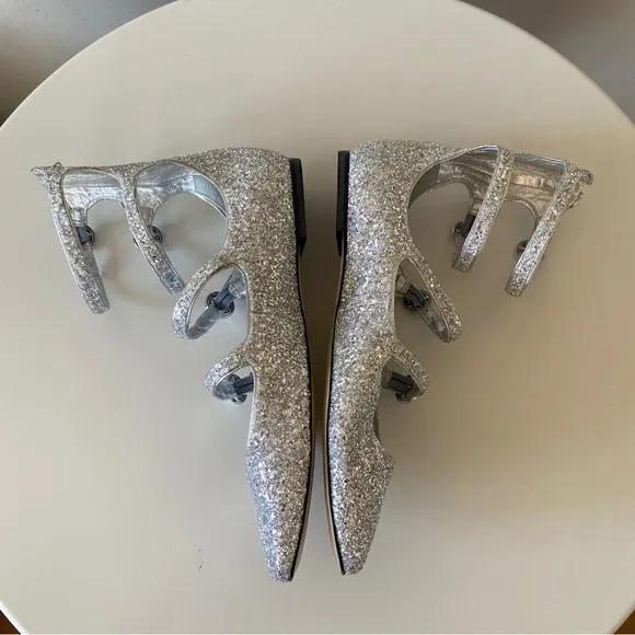 Anthropologie Larroude Alexa Flats 4 Buckle Ballet Silver Glitter