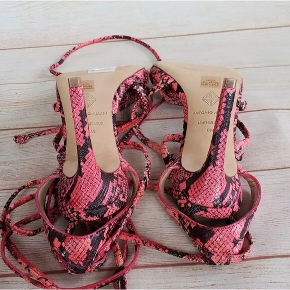 Antonio Melani Snakeskin Print Ankle Strap Strappy Leather Heeled Sandals
