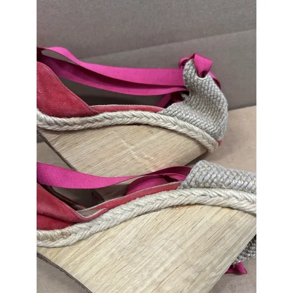Aquazzura Red &amp; Pink Wedge Lace-Up Espadrilles Size 39.5 US 8.5