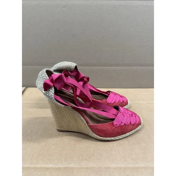 Aquazzura Red &amp; Pink Wedge Lace-Up Espadrilles Size 39.5 US 8.5