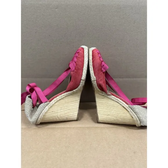 Aquazzura Red &amp; Pink Wedge Lace-Up Espadrilles Size 39.5 US 8.5