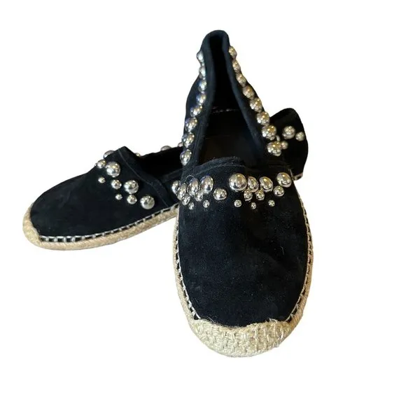 B Brian Atwood Black Suede Studded Espadrilles 6.5
