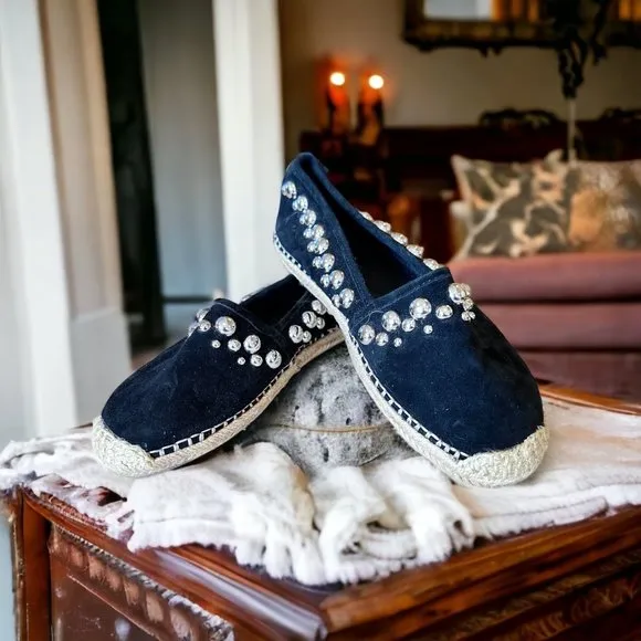 B Brian Atwood Black Suede Studded Espadrilles 6.5
