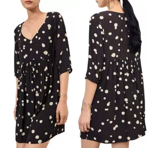 ba&amp;sh Dalia Polka Dot Babydoll Mini Dress Sz 6 Black Sweetheart Pleated Pullover