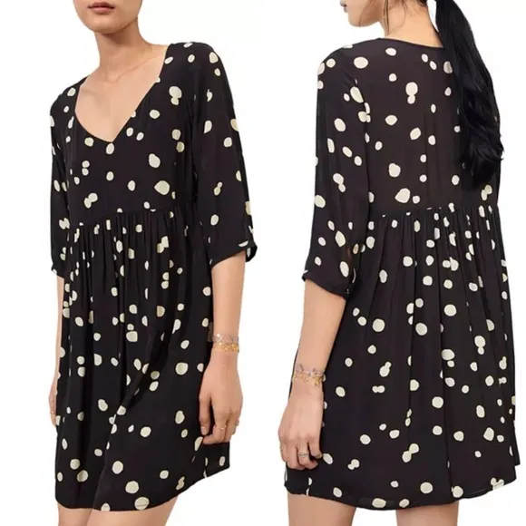 ba&amp;sh Dalia Polka Dot Babydoll Mini Dress Sz 6 Black Sweetheart Pleated Pullover