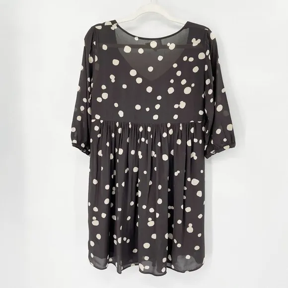 ba&amp;sh Dalia Polka Dot Babydoll Mini Dress Sz 6 Black Sweetheart Pleated Pullover