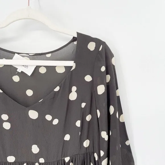 ba&amp;sh Dalia Polka Dot Babydoll Mini Dress Sz 6 Black Sweetheart Pleated Pullover