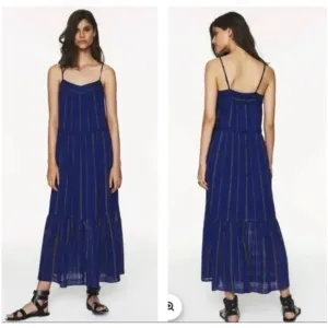 Ba&amp;Sh Kyo Striped Spaghetti Strap Maxi Dress in Blue Cotton size XS