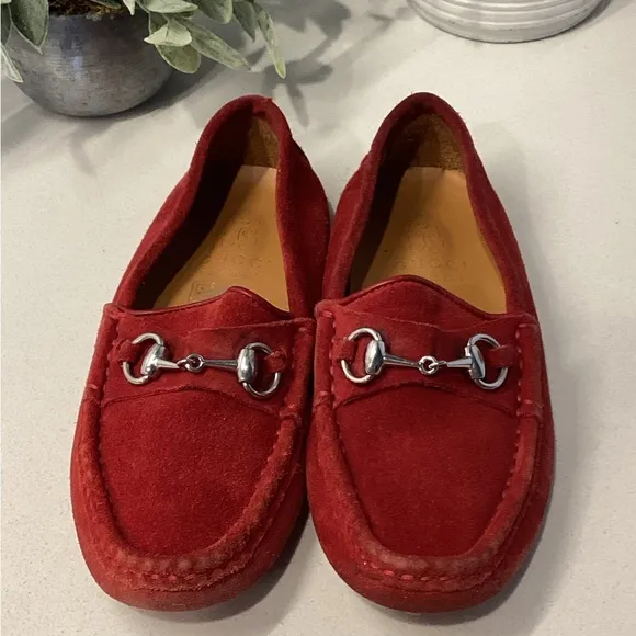 Baby GUCCI Red Suede Loafers w Classic Silver Buckle Sz 6.5
