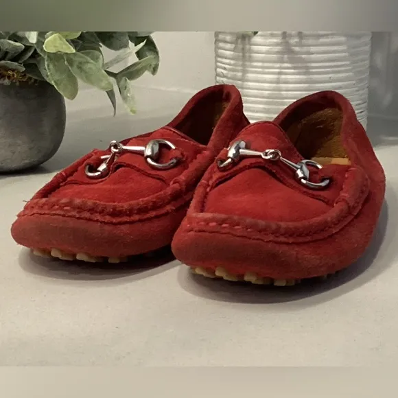 Baby GUCCI Red Suede Loafers w Classic Silver Buckle Sz 6.5