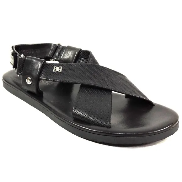 BALDININI 🇮🇹 MEN'S BLACK SOFT LEATHER COMFORT FLAT SUMMER SANDALS