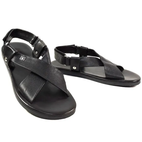 BALDININI 🇮🇹 MEN'S BLACK SOFT LEATHER COMFORT FLAT SUMMER SANDALS