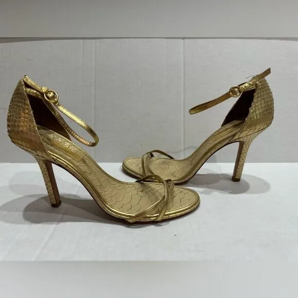 BCBGMaxAzria Gold Snakeskin Leather Heels US 8 38 Strappy Sandals Stilletos